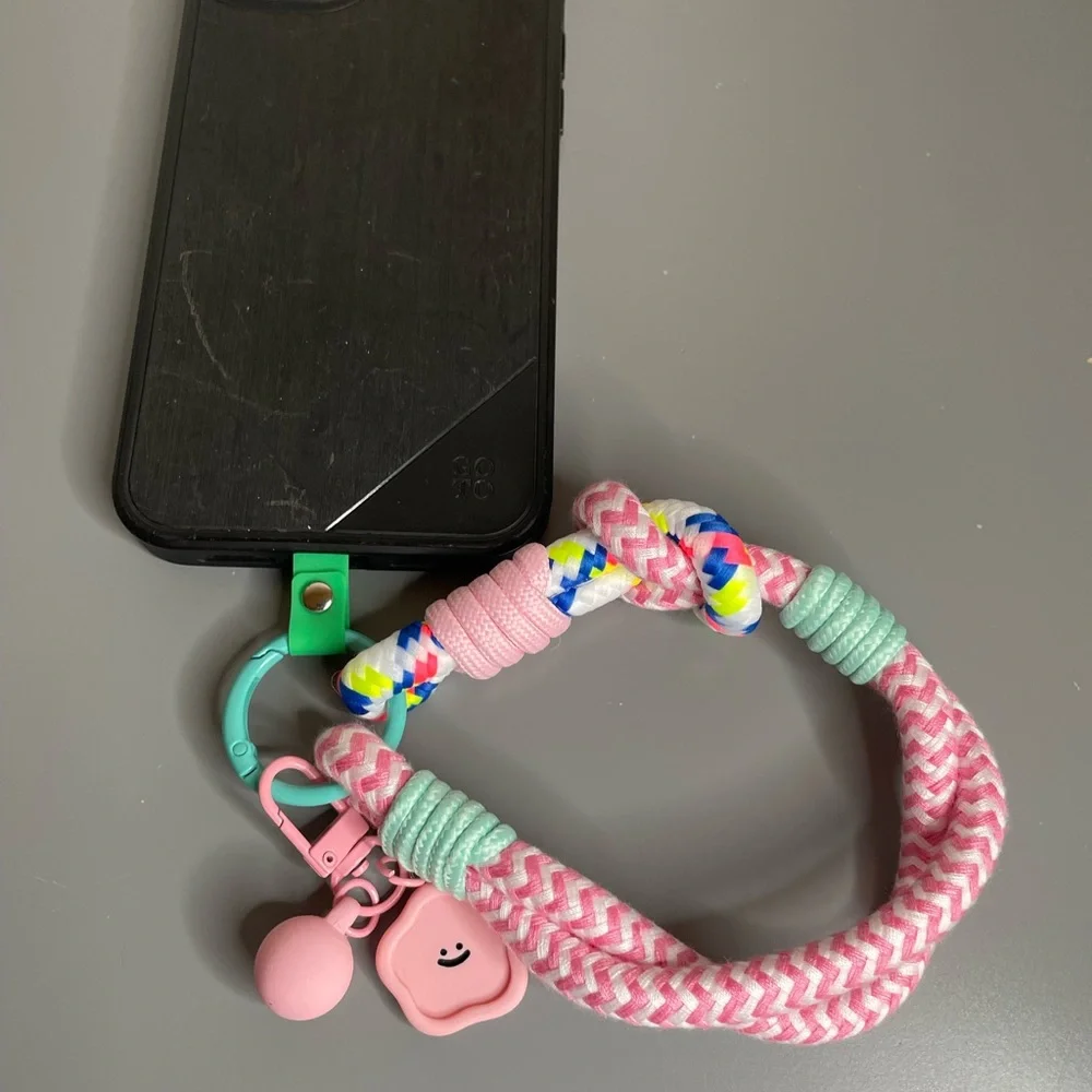 Pink Chevron Rope Phone Wrist Lanyard with Pastel Accents